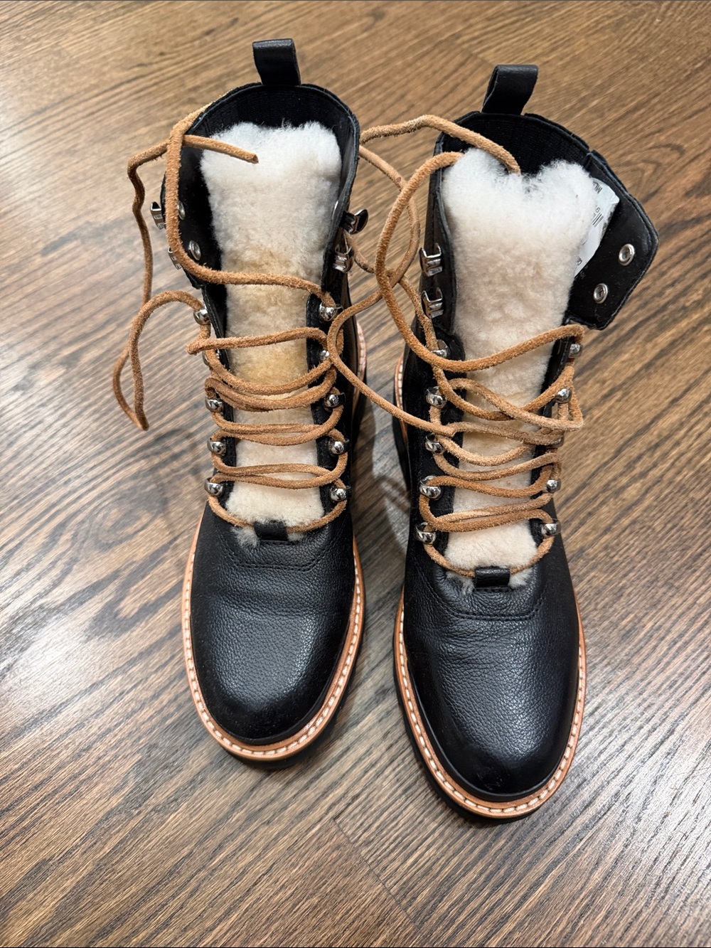 Marc Fisher Black Leather Lace-Up Boots with Tan Laces